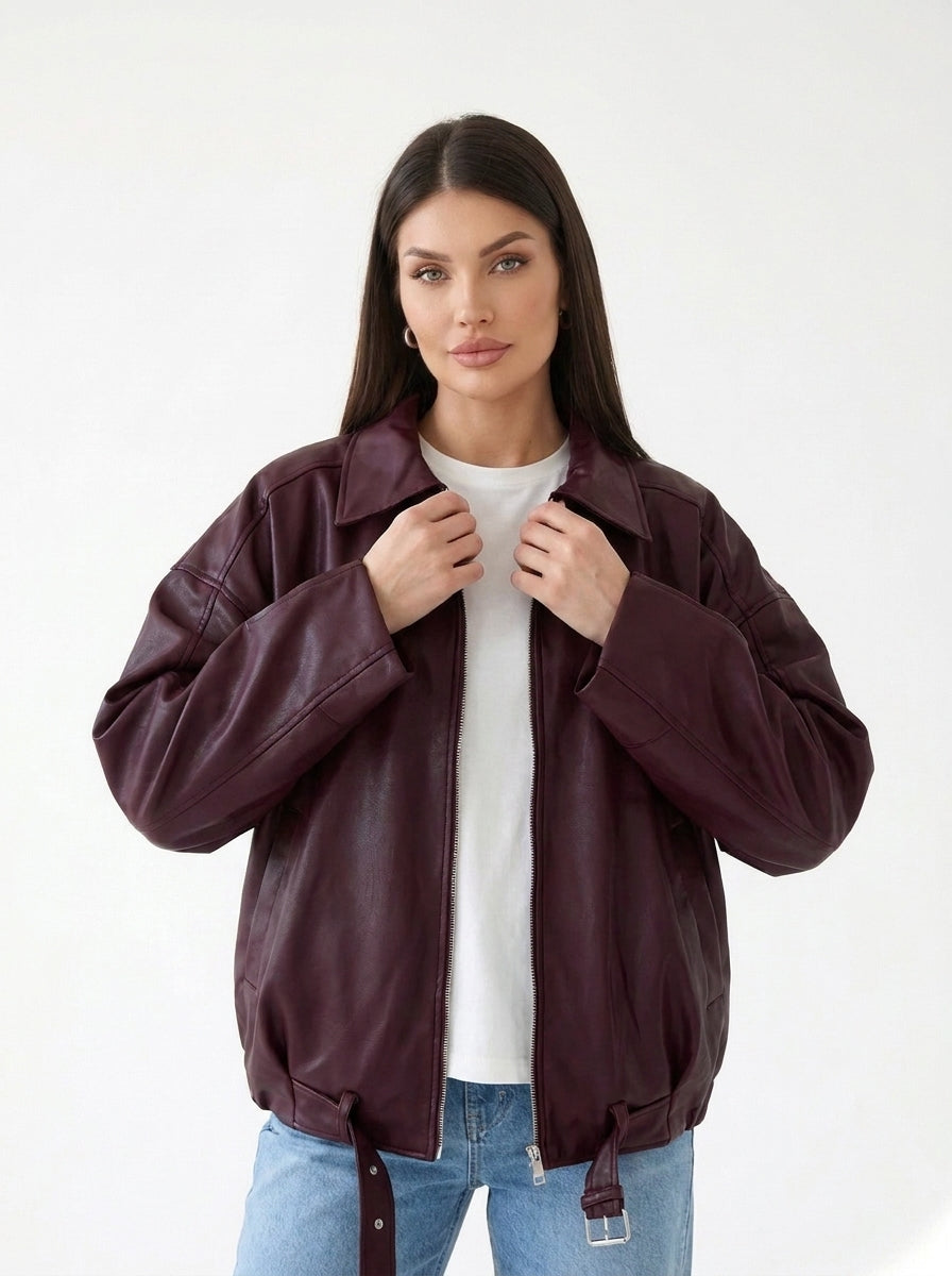 Blouson Aviateur Oversize Bordeaux — col ajusté