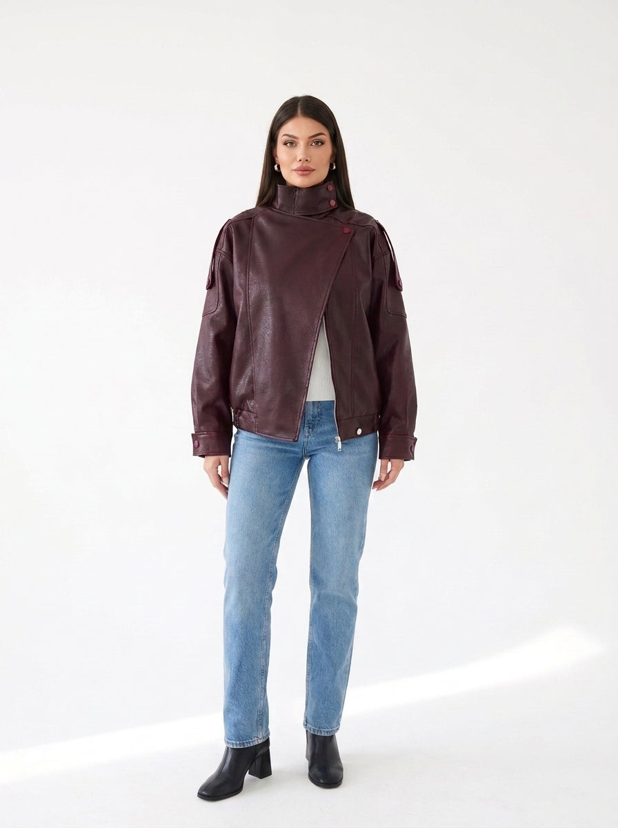 Veste oversize col cheminée simili cuir Bordeaux — face