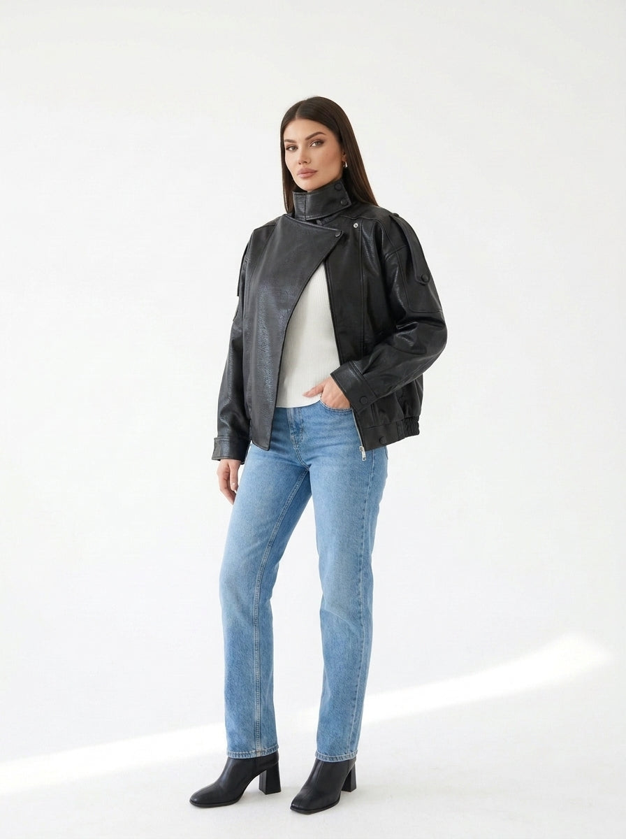 Veste oversize col cheminée simili cuir Noir — trois-quarts