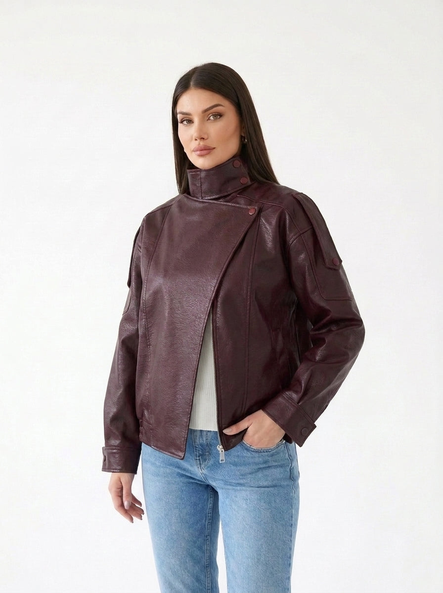 Veste oversize col cheminée simili cuir Bordeaux — col et épaules