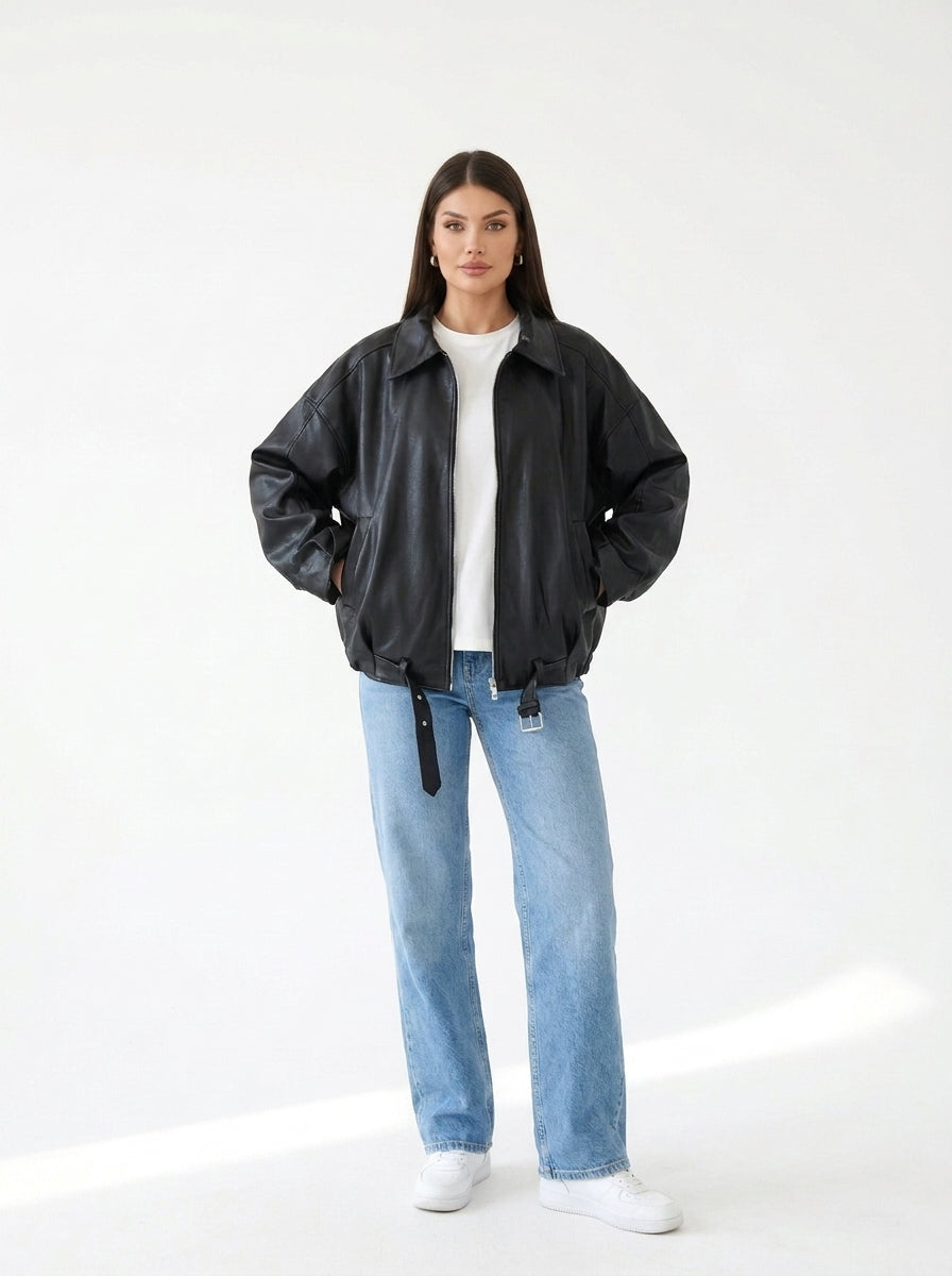 Blouson Aviateur Oversize Noir — porté ouvert