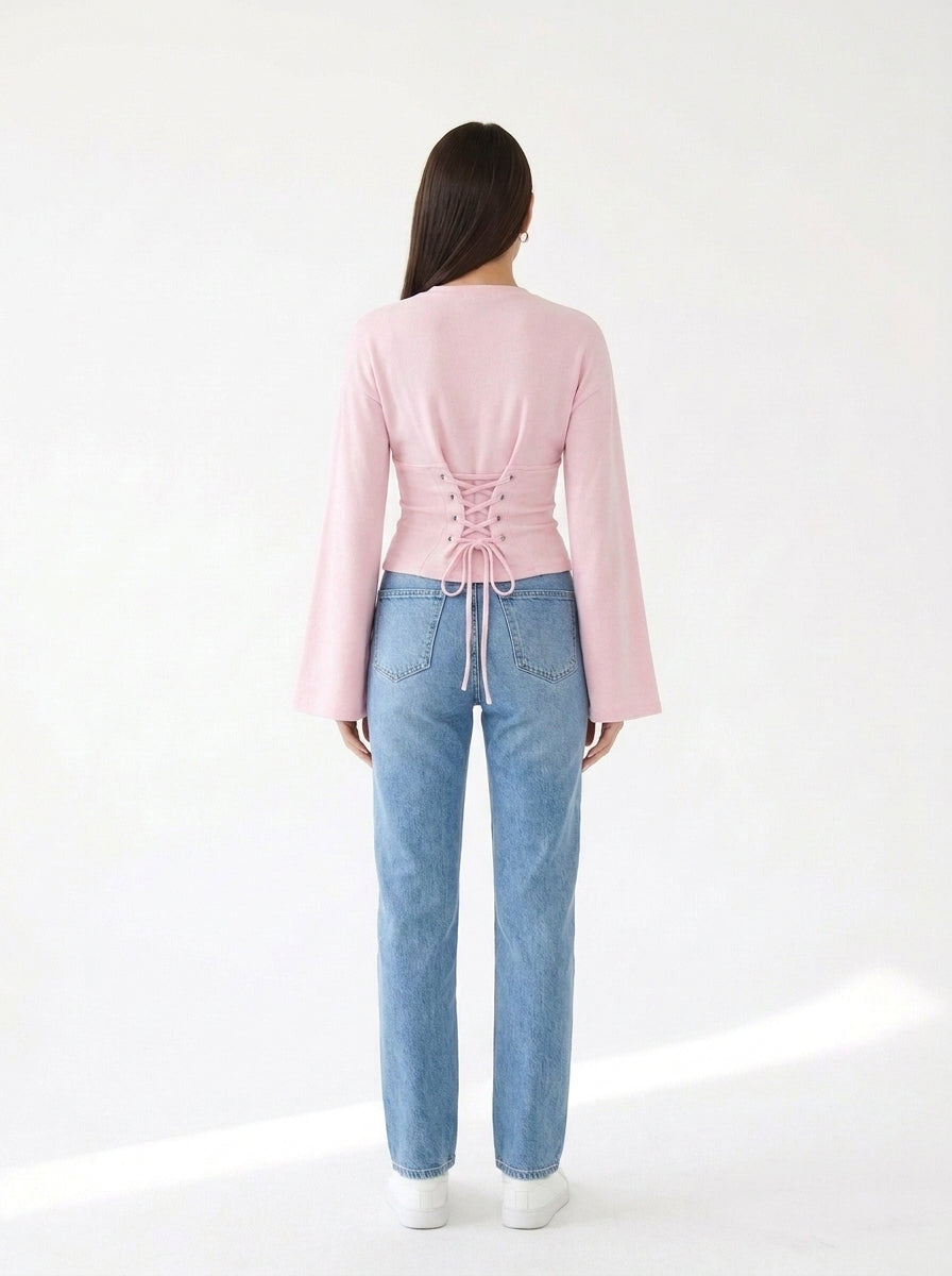 Top Séville rose porté — dos, laçage corset