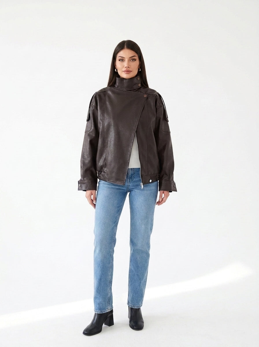 Veste oversize col cheminée simili cuir Marron — face