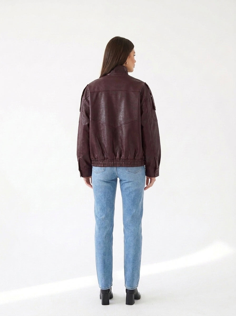 Veste oversize col cheminée simili cuir Bordeaux — dos élastiqué