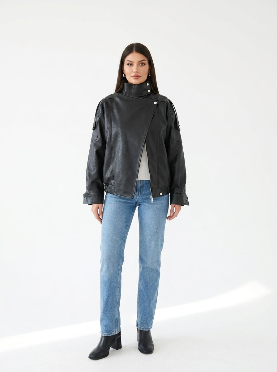Veste oversize col cheminée simili cuir Noir — face