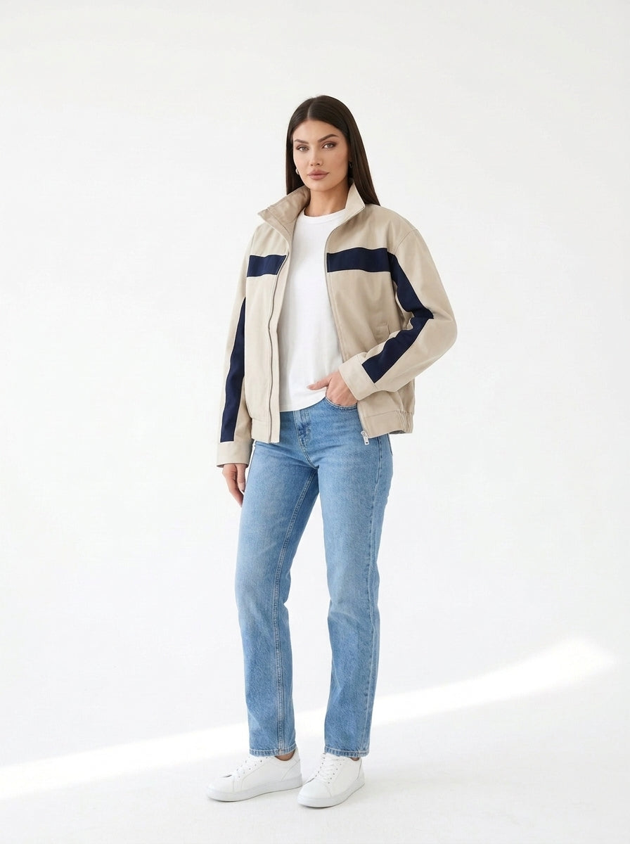 Veste Riviera beige et marine, trois-quarts