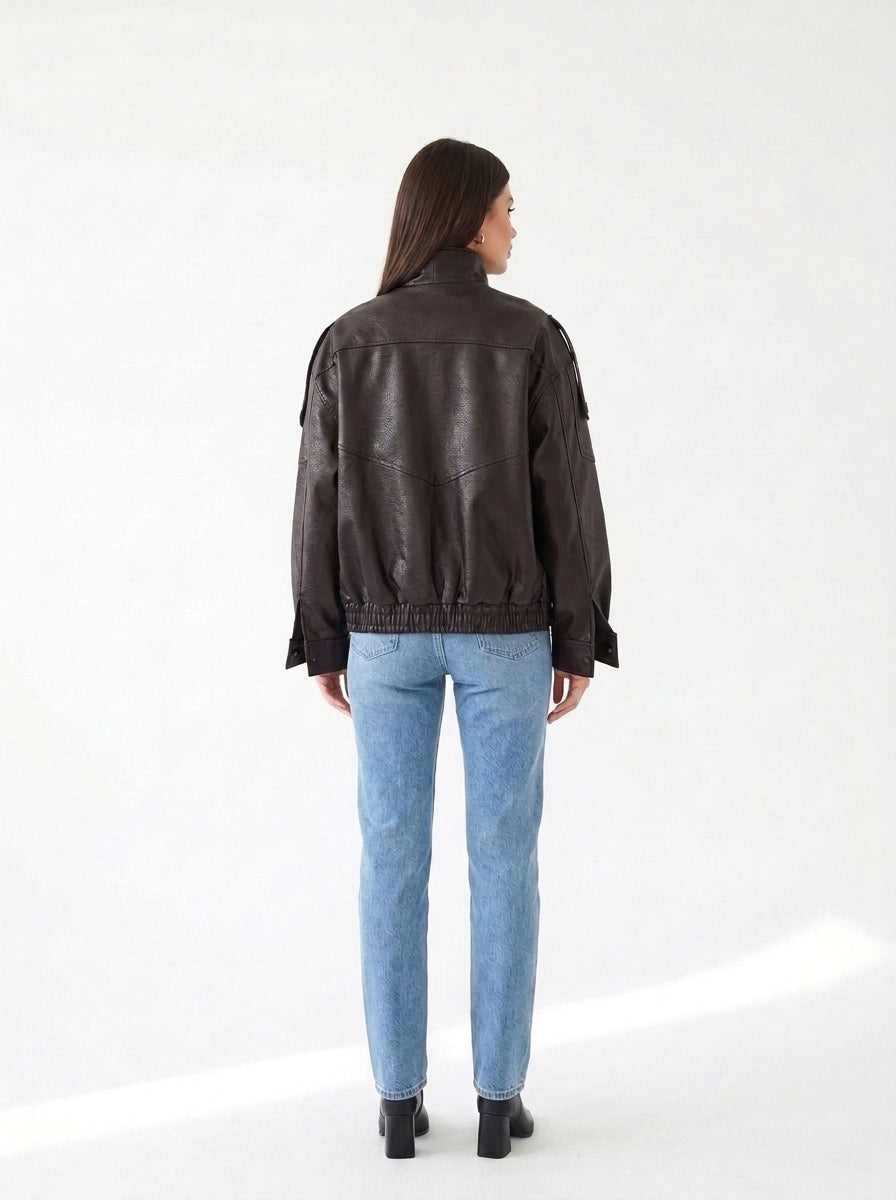 Veste oversize col cheminée simili cuir Marron — dos élastiqué