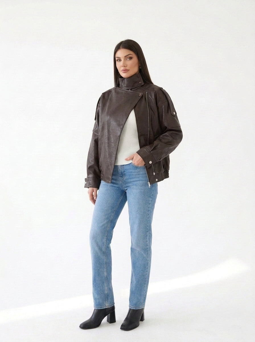 Veste oversize col cheminée simili cuir Marron — trois-quarts