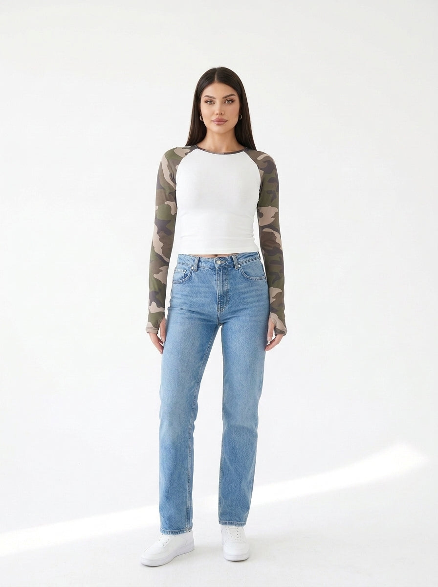 Top Camo Raglan blanc et camo