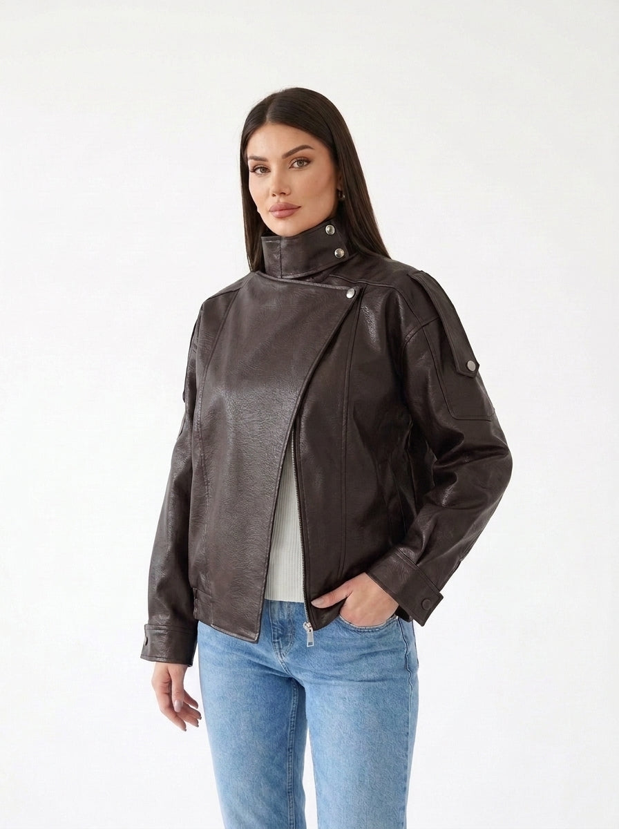 Veste oversize col cheminée simili cuir Marron — col et épaules