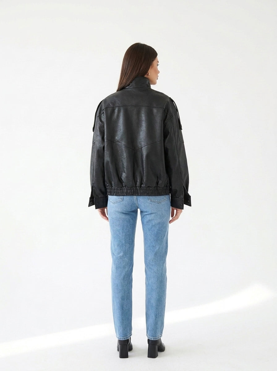 Veste oversize col cheminée simili cuir Noir — dos élastiqué