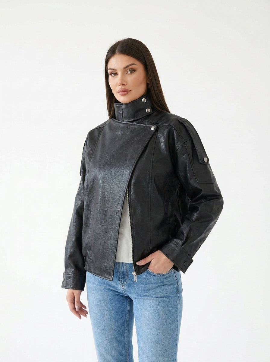 Veste oversize col cheminée simili cuir Noir — col et épaules